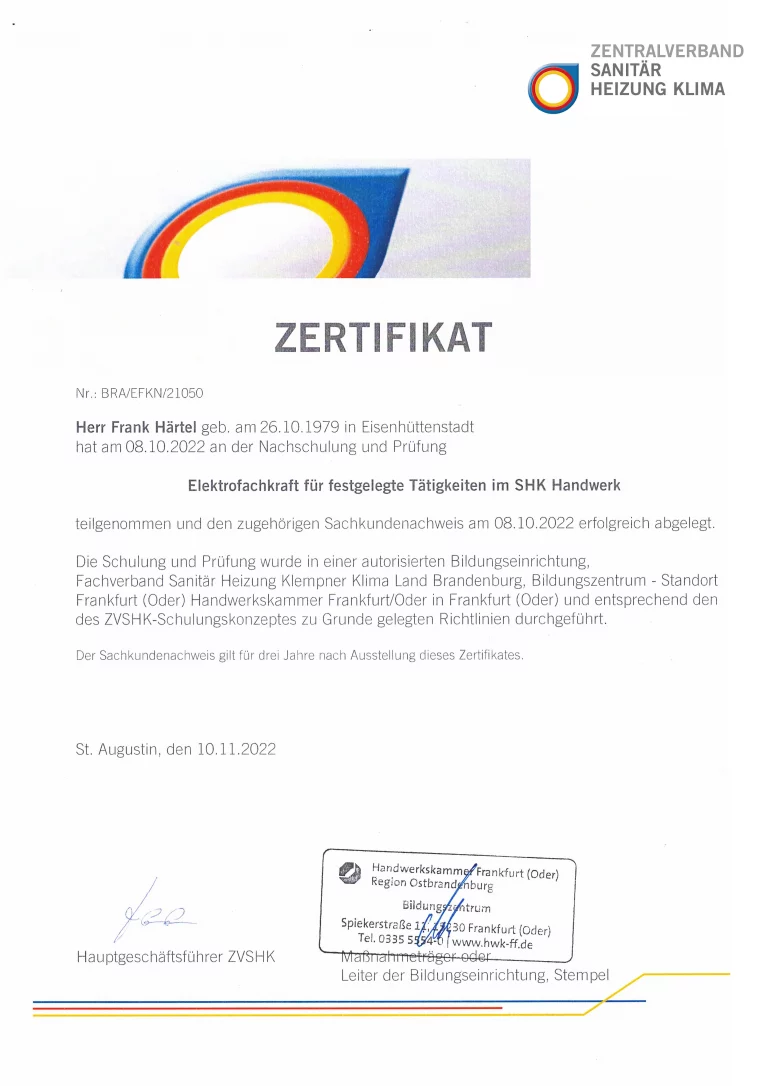 Frank Härtel HLS - Elektrofachkraft für festgelegte Tätigkeiten im SHK Handwerk