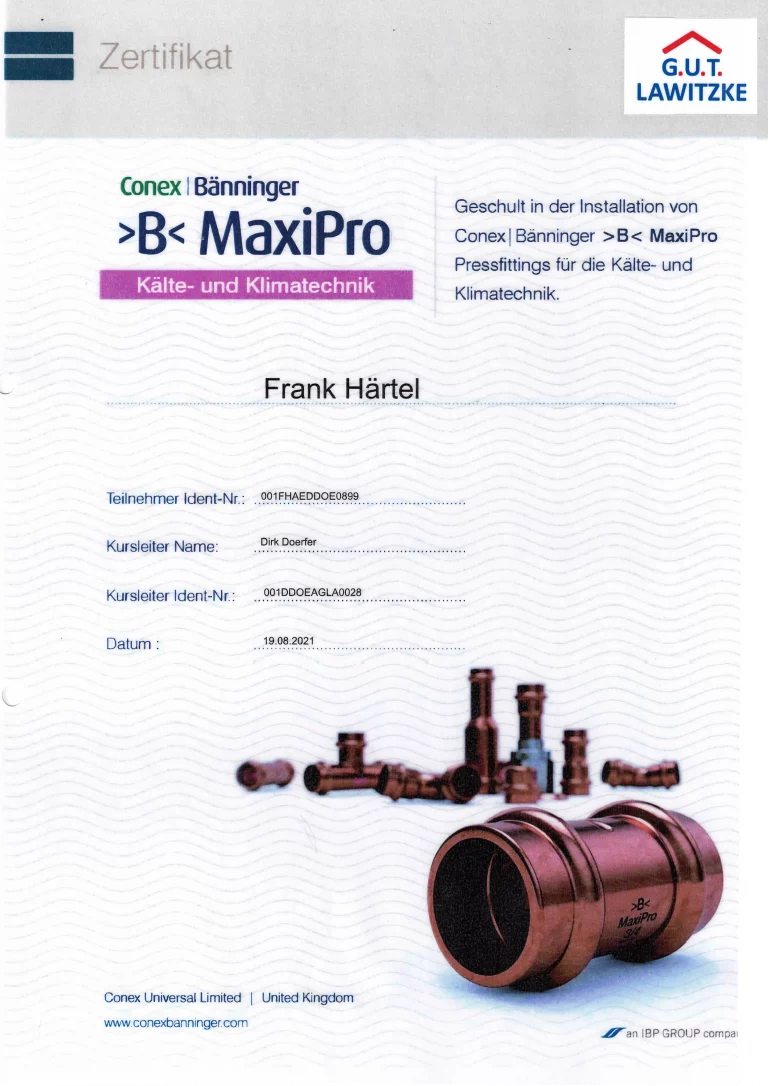 Frank Härtel HLS - Geschult in der Installation von Conex Bänninger B MaxiPro Pressfittings für Kalte- und Klimatechnik