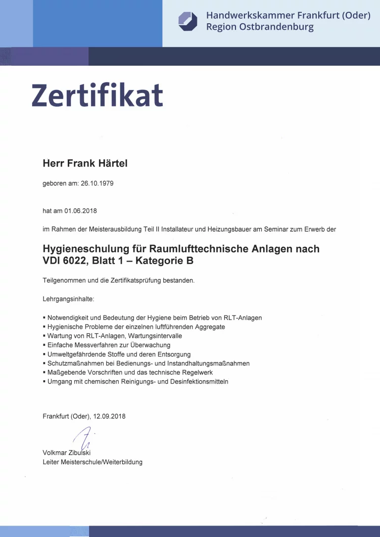 Frank Härtel HLS - Hygieneschulung für Raumlufttechnische Anlagen nach VDI 6022